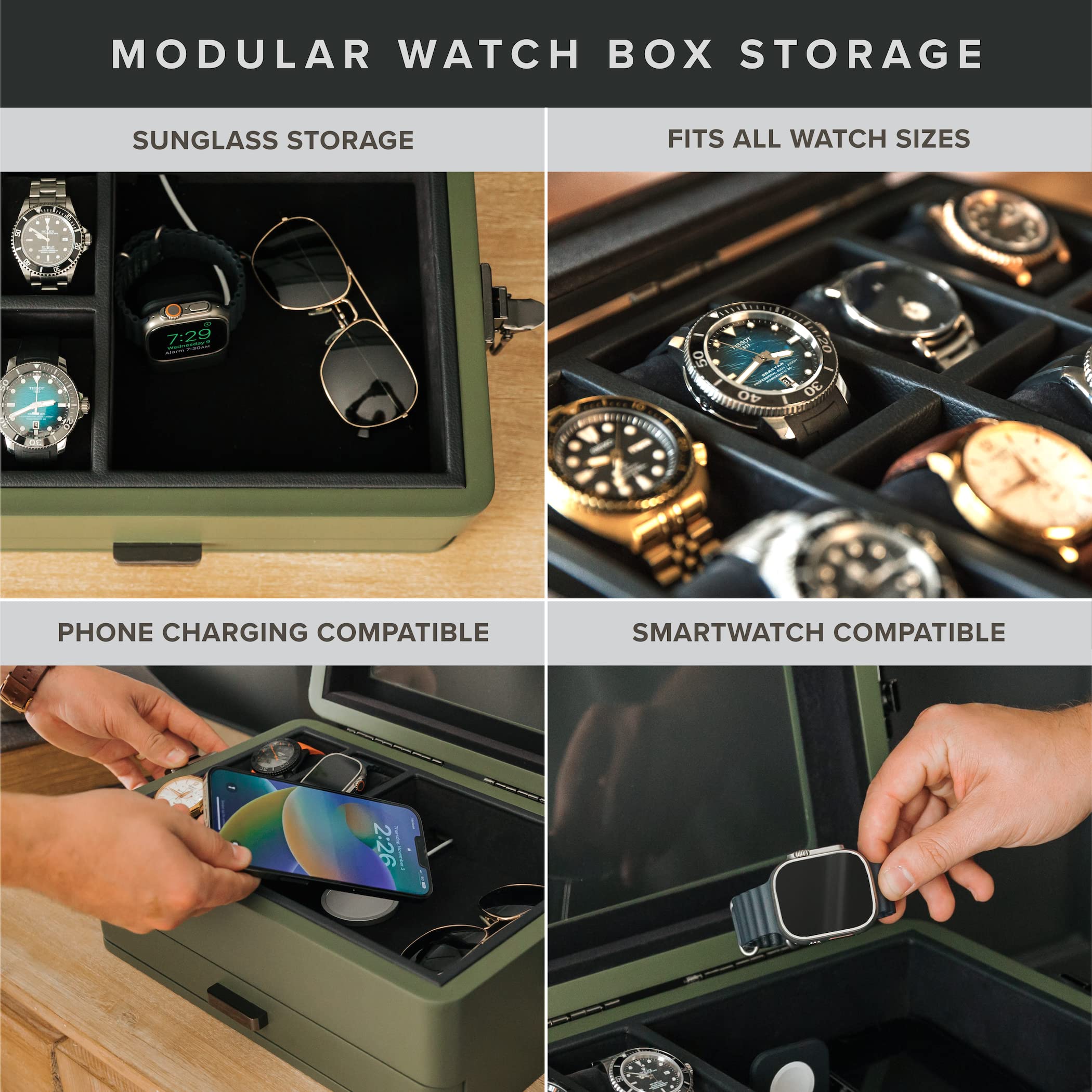 CASE ELEGANCE Military 10-Slot Watch Box with Glass Top