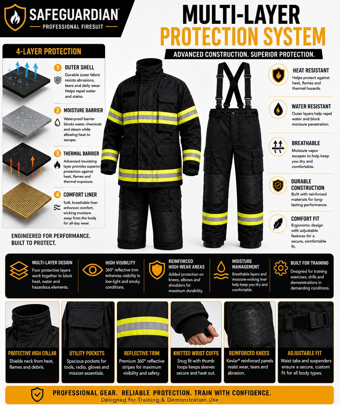 Firefighter Turnout Gear Set, Fire Suit Jacket and Pants with Suspenders Bunker Gear, Khaki or Black Sizes S-5XL