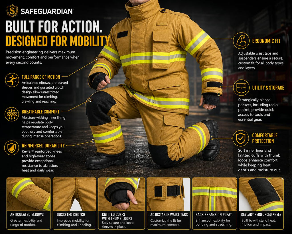 Firefighter Turnout Gear Set, Fire Suit Jacket and Pants with Suspenders Bunker Gear, Khaki or Black Sizes S-5XL