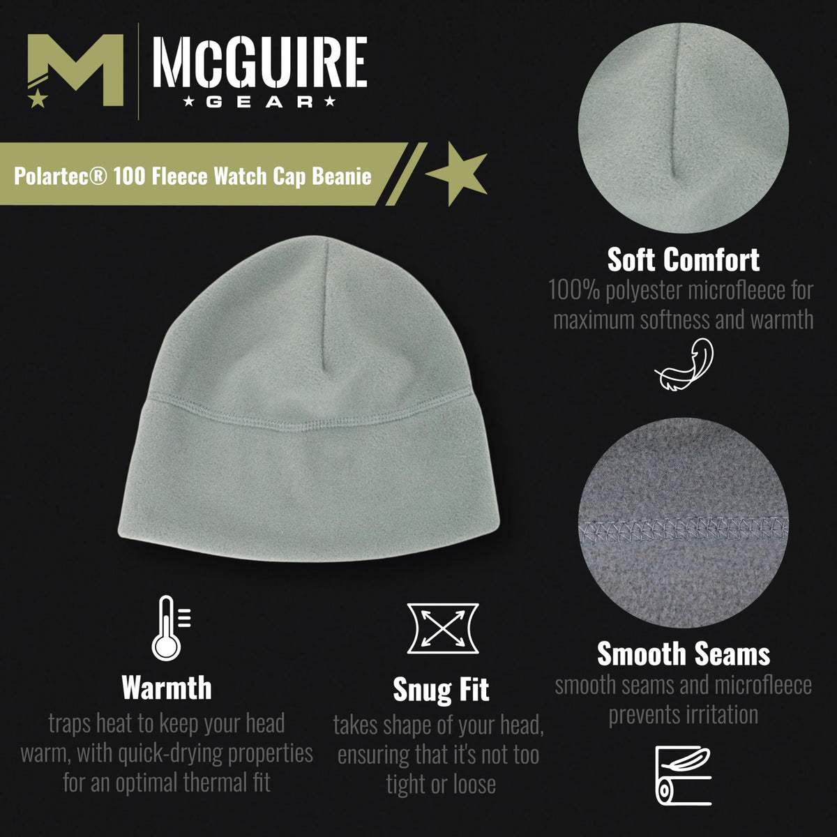 M MCGUIRE GEAR GI Polartec® 100 Fleece Watch Cap Beanie, Lightweight Fitted Cap, Tactical Gear & Warm Winter Hat- Made in USA