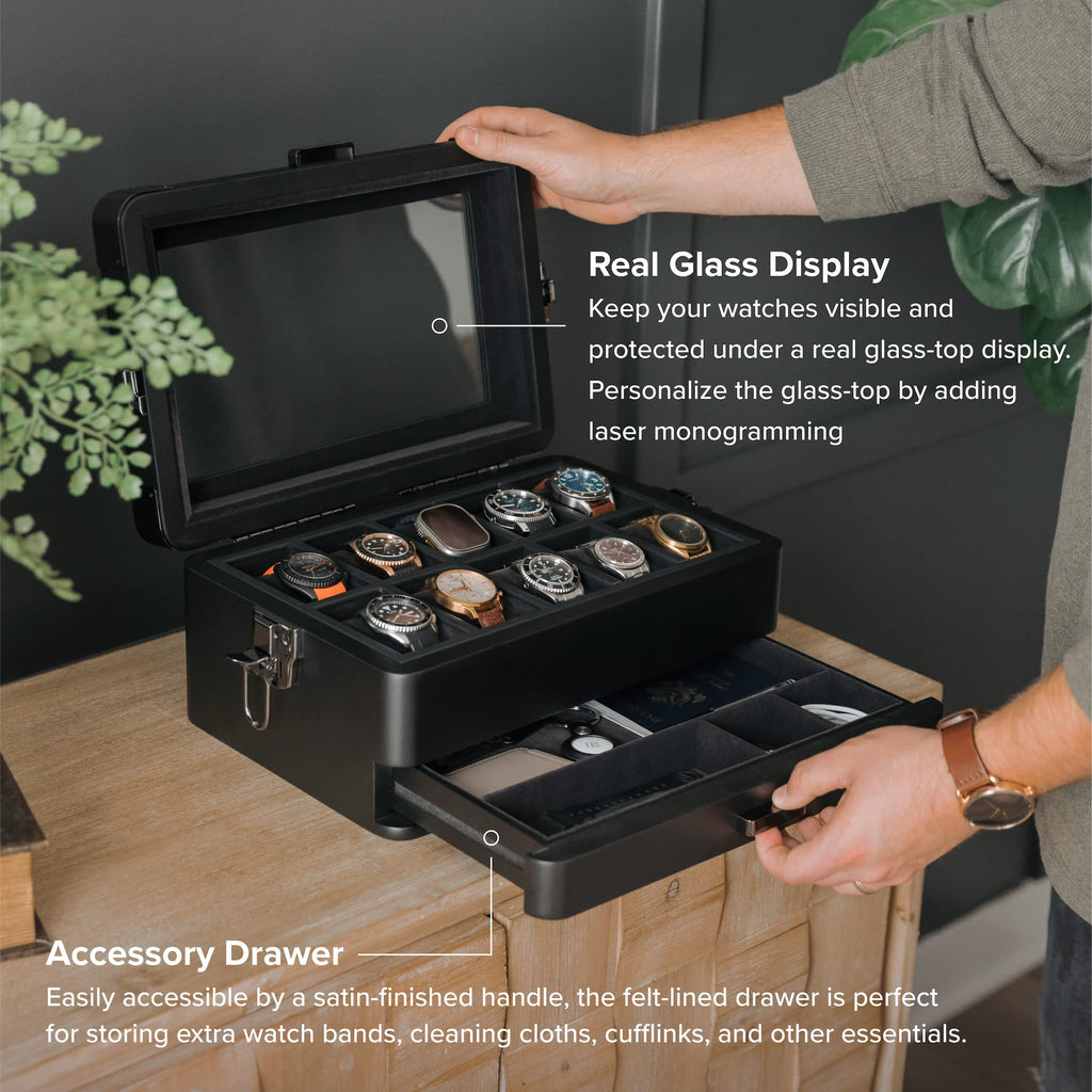 CASE ELEGANCE Military 10-Slot Watch Box with Glass Top