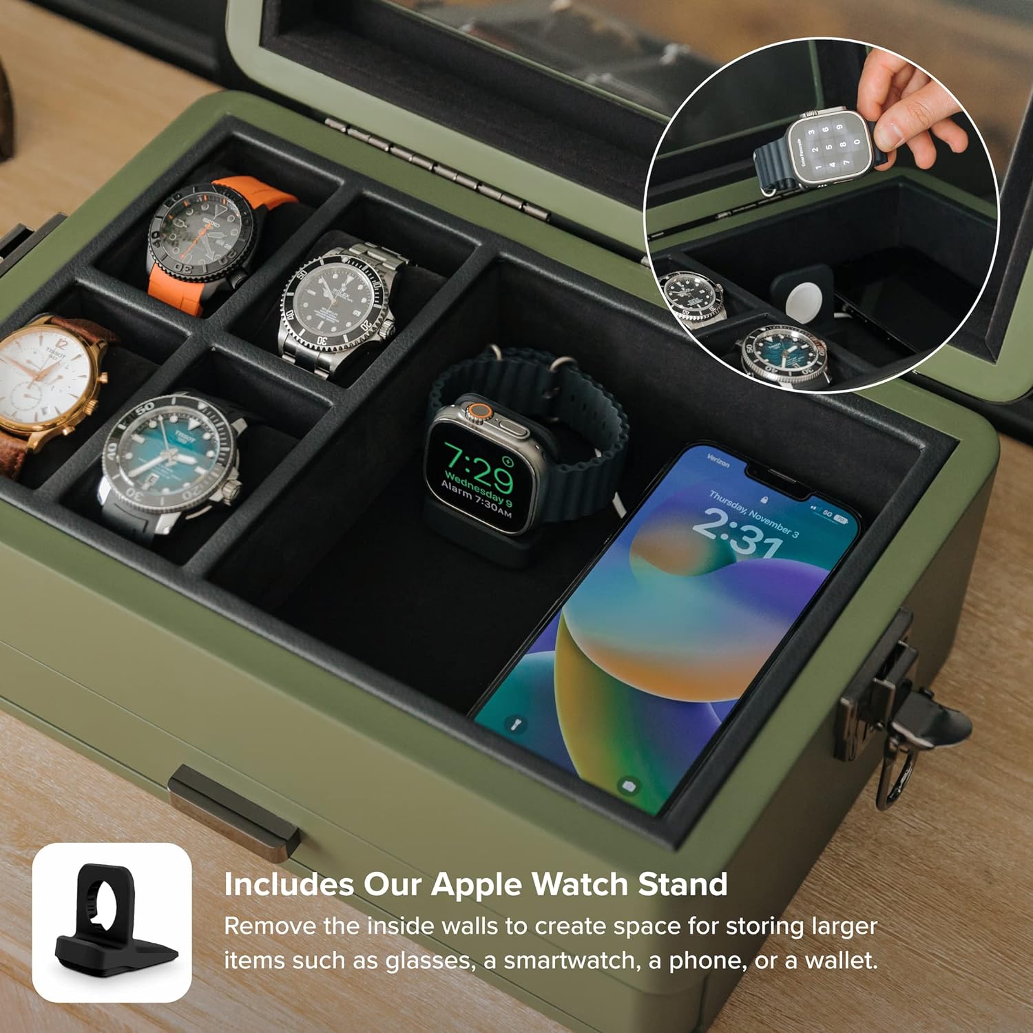 CASE ELEGANCE Military 10-Slot Watch Box with Glass Top