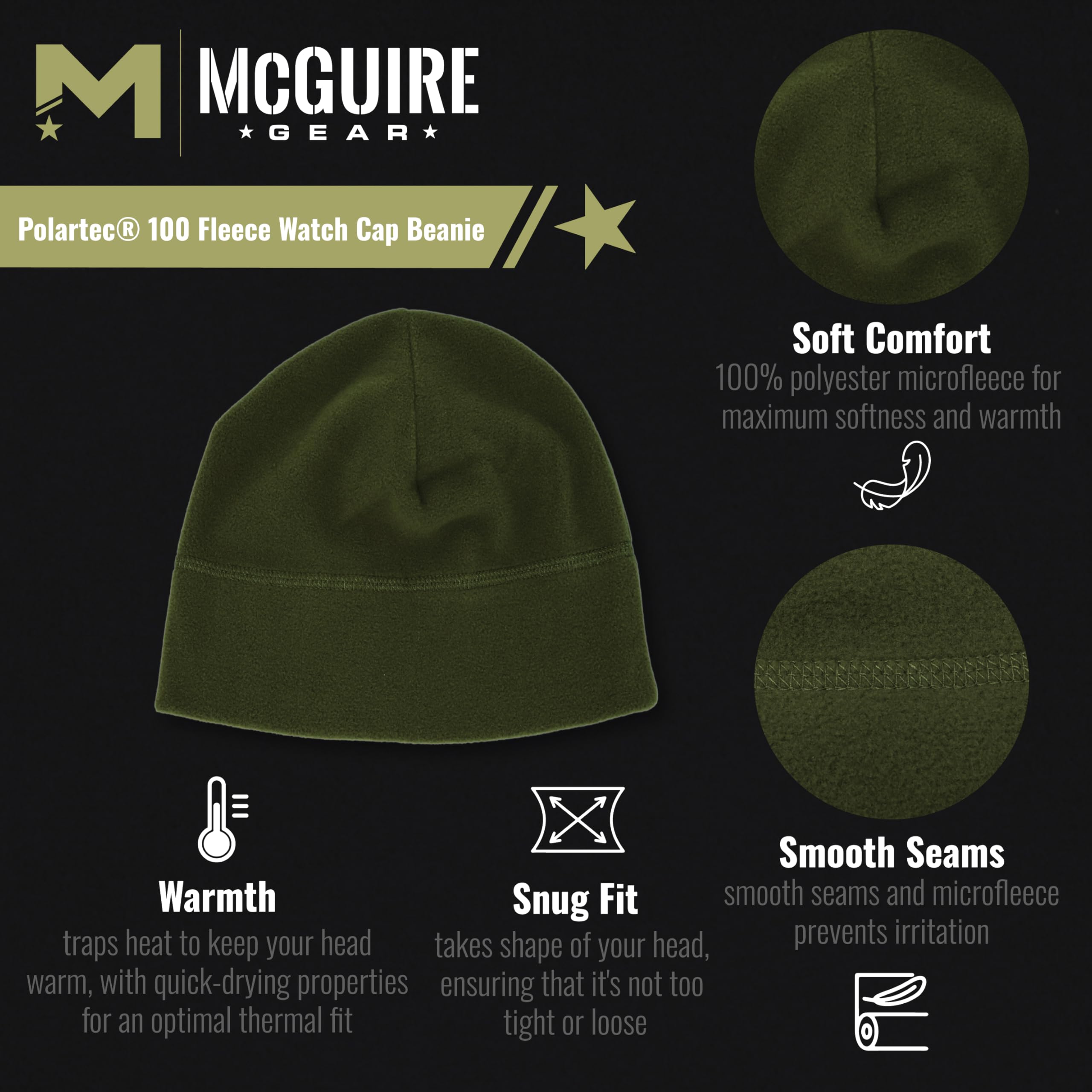 M MCGUIRE GEAR GI Polartec® 100 Fleece Watch Cap Beanie, Lightweight Fitted Cap, Tactical Gear & Warm Winter Hat- Made in USA