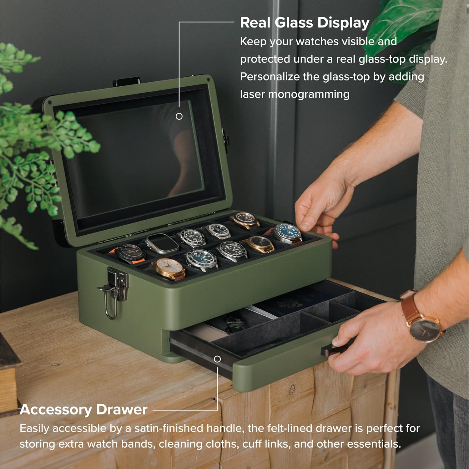 CASE ELEGANCE Military 10-Slot Watch Box with Glass Top