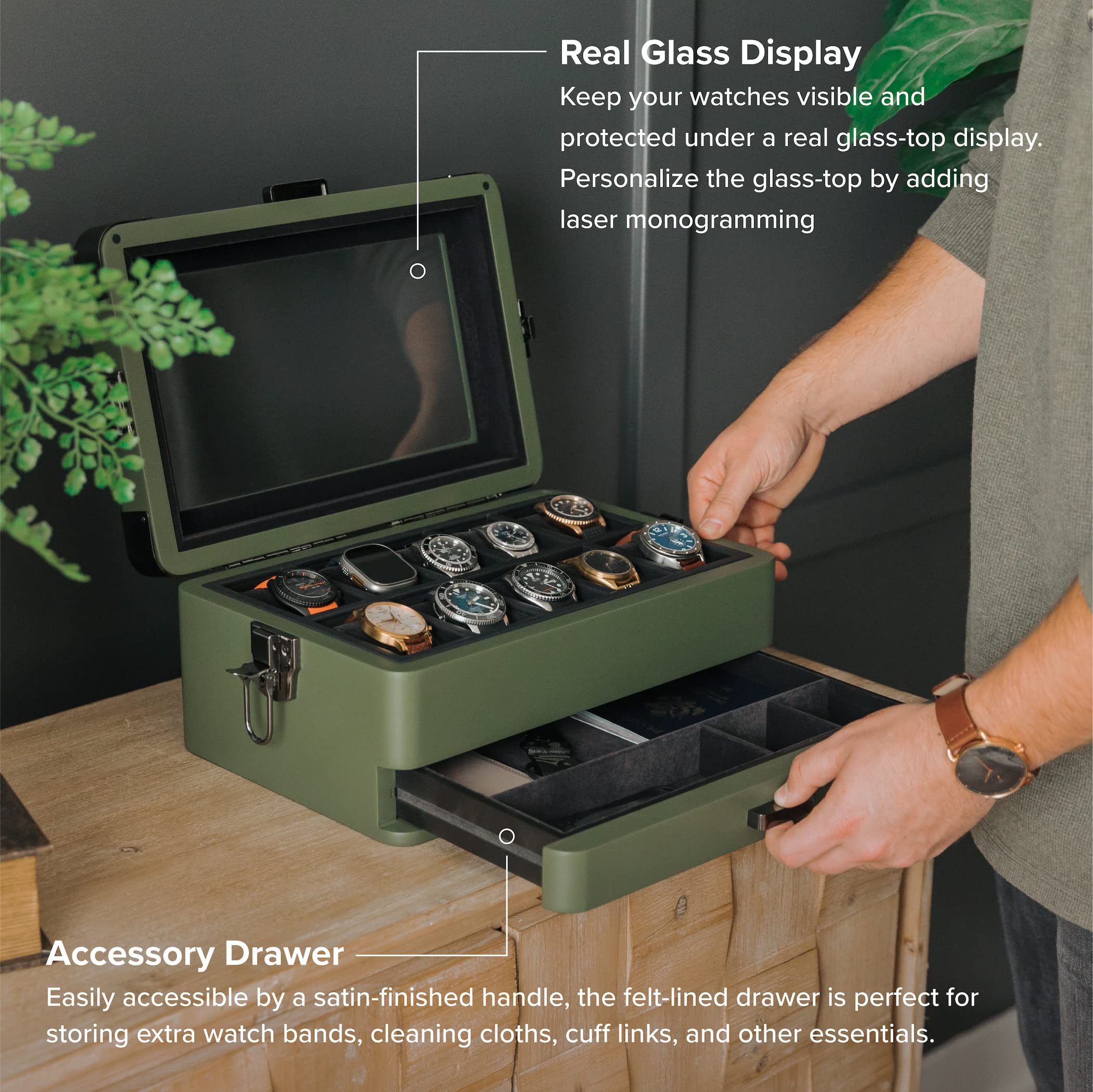 CASE ELEGANCE Military 10-Slot Watch Box with Glass Top