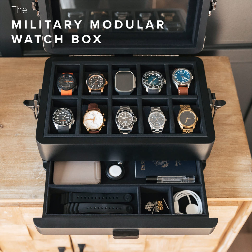 CASE ELEGANCE Military 10-Slot Watch Box with Glass Top