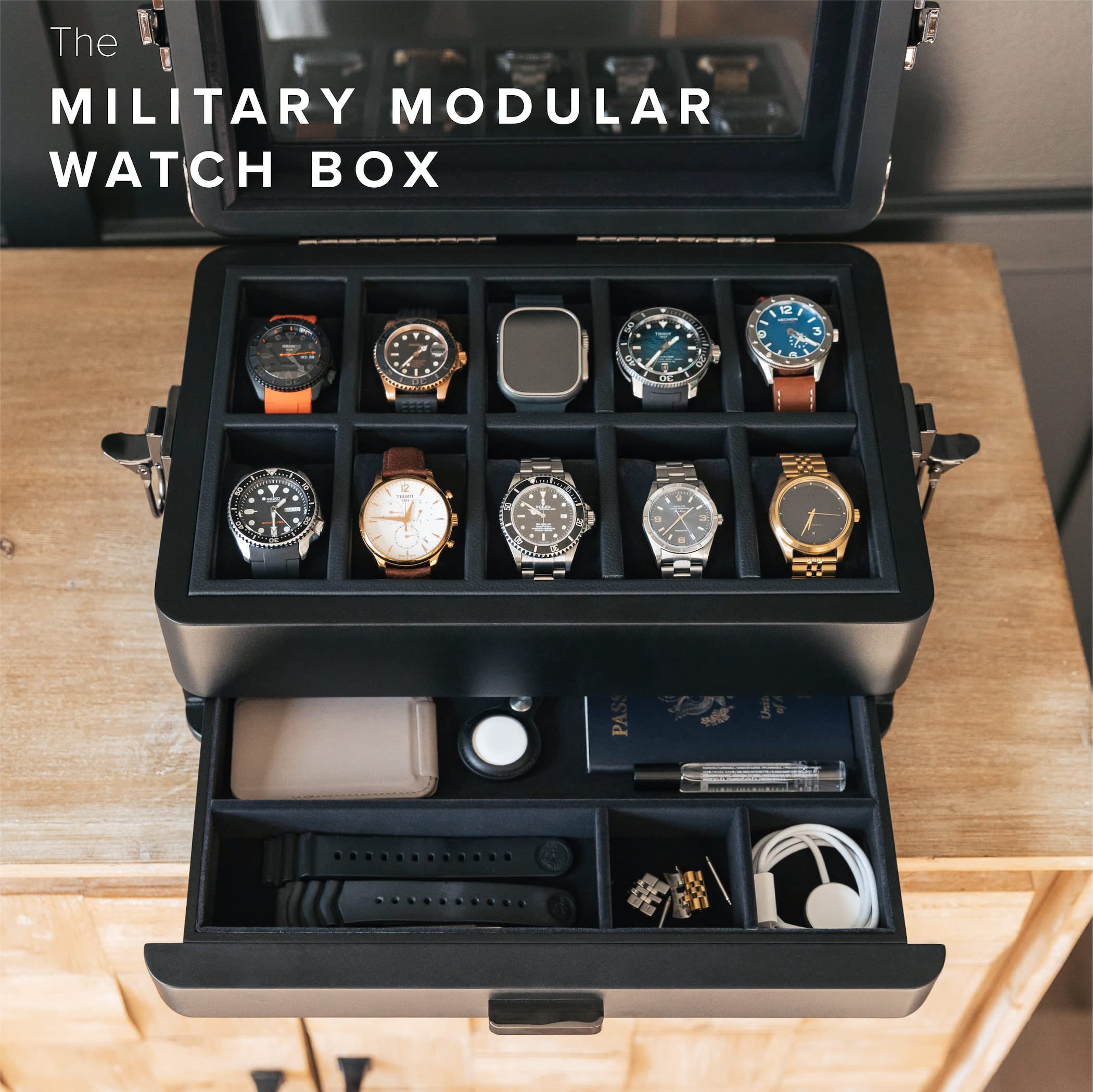 CASE ELEGANCE Military 10-Slot Watch Box with Glass Top