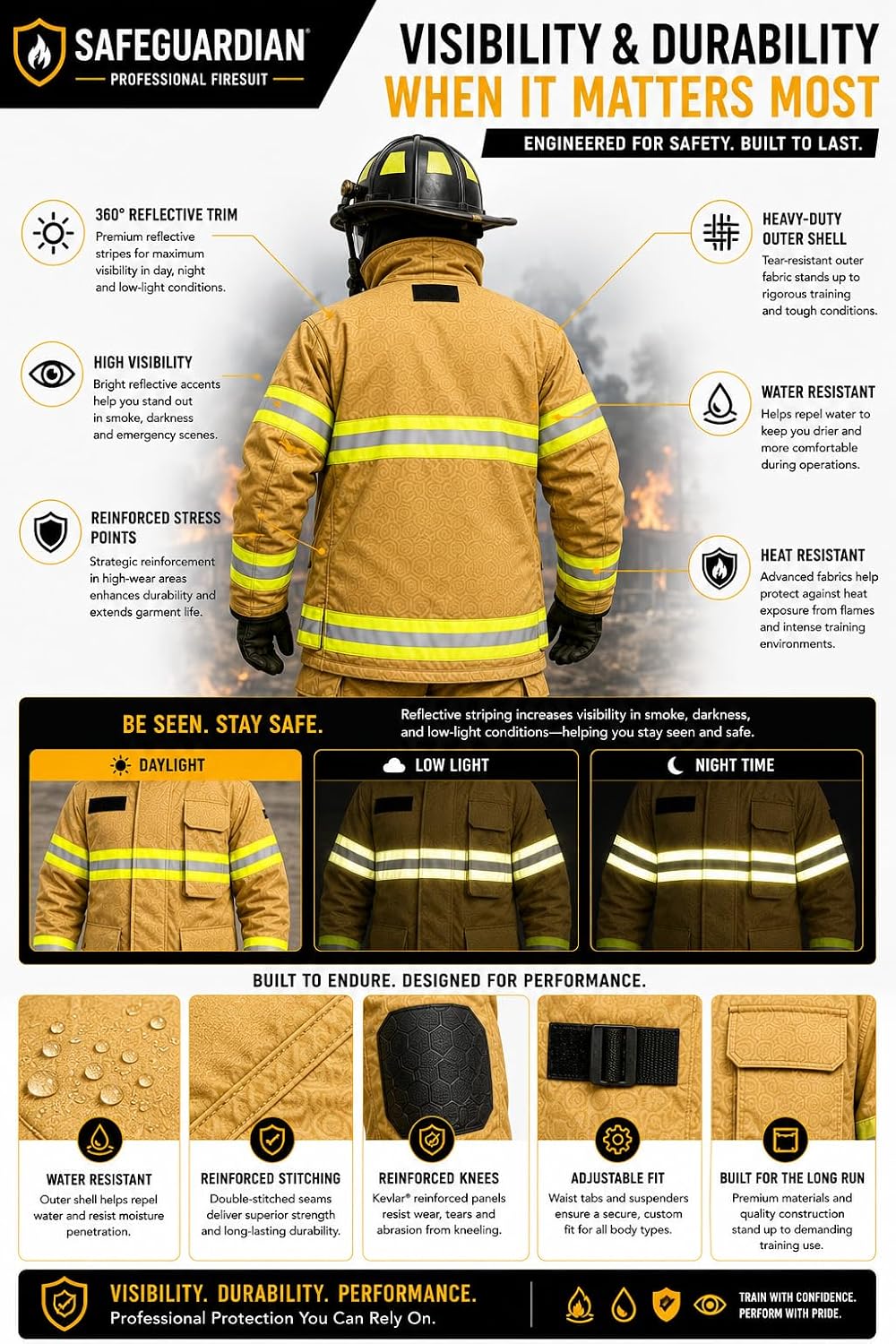 Firefighter Turnout Gear Set, Fire Suit Jacket and Pants with Suspenders Bunker Gear, Khaki or Black Sizes S-5XL