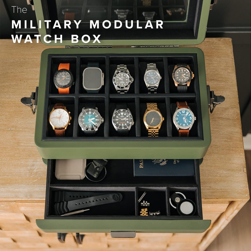 CASE ELEGANCE Military 10-Slot Watch Box with Glass Top