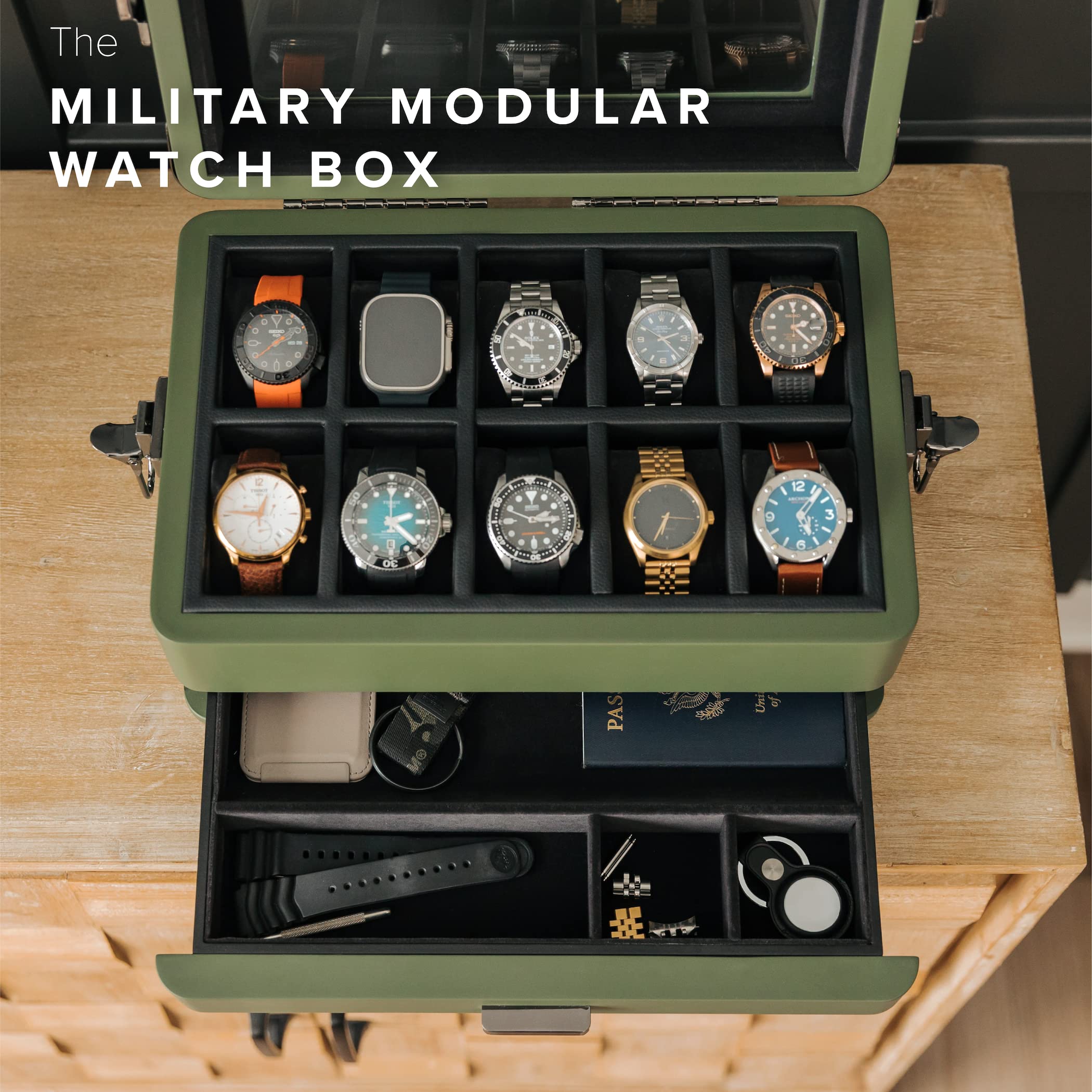 CASE ELEGANCE Military 10-Slot Watch Box with Glass Top