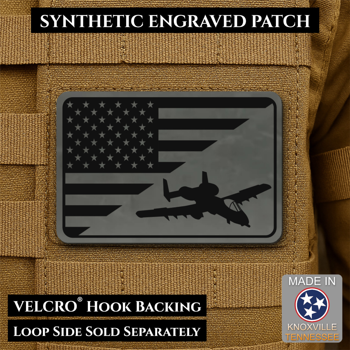 A-10 Warthog American Flag Morale Patch, 2x3" | Made in USA | VELCRO® Brand Hook Backing