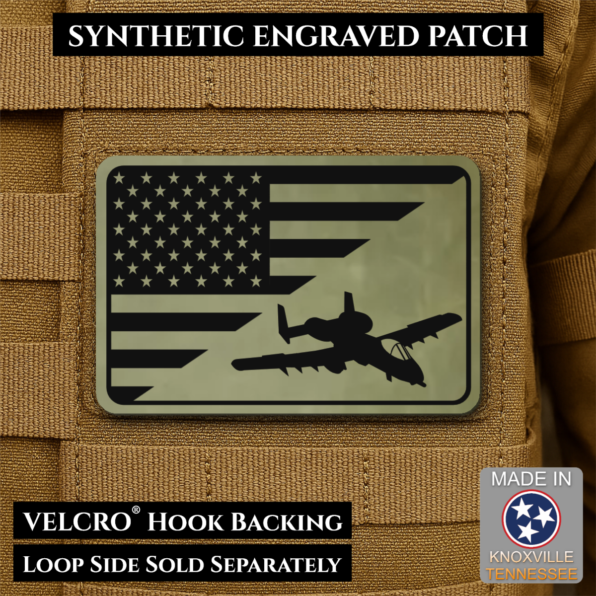 A-10 Warthog American Flag Morale Patch, 2x3" | Made in USA | VELCRO® Brand Hook Backing
