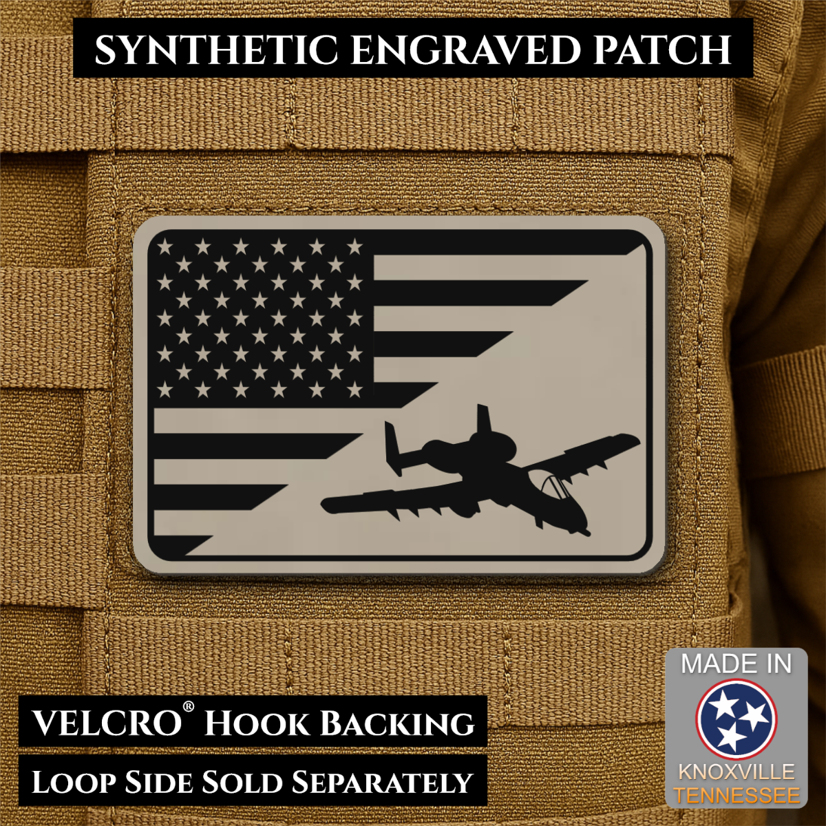 A-10 Warthog American Flag Morale Patch, 2x3" | Made in USA | VELCRO® Brand Hook Backing