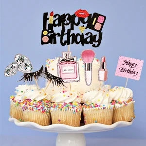 22Pcs Makeup Cake Topper, Lipstick Perfume Eyelash Diamond Brush Cosmetic Cupcake Toppers Decoration for Birthday Party Supplies