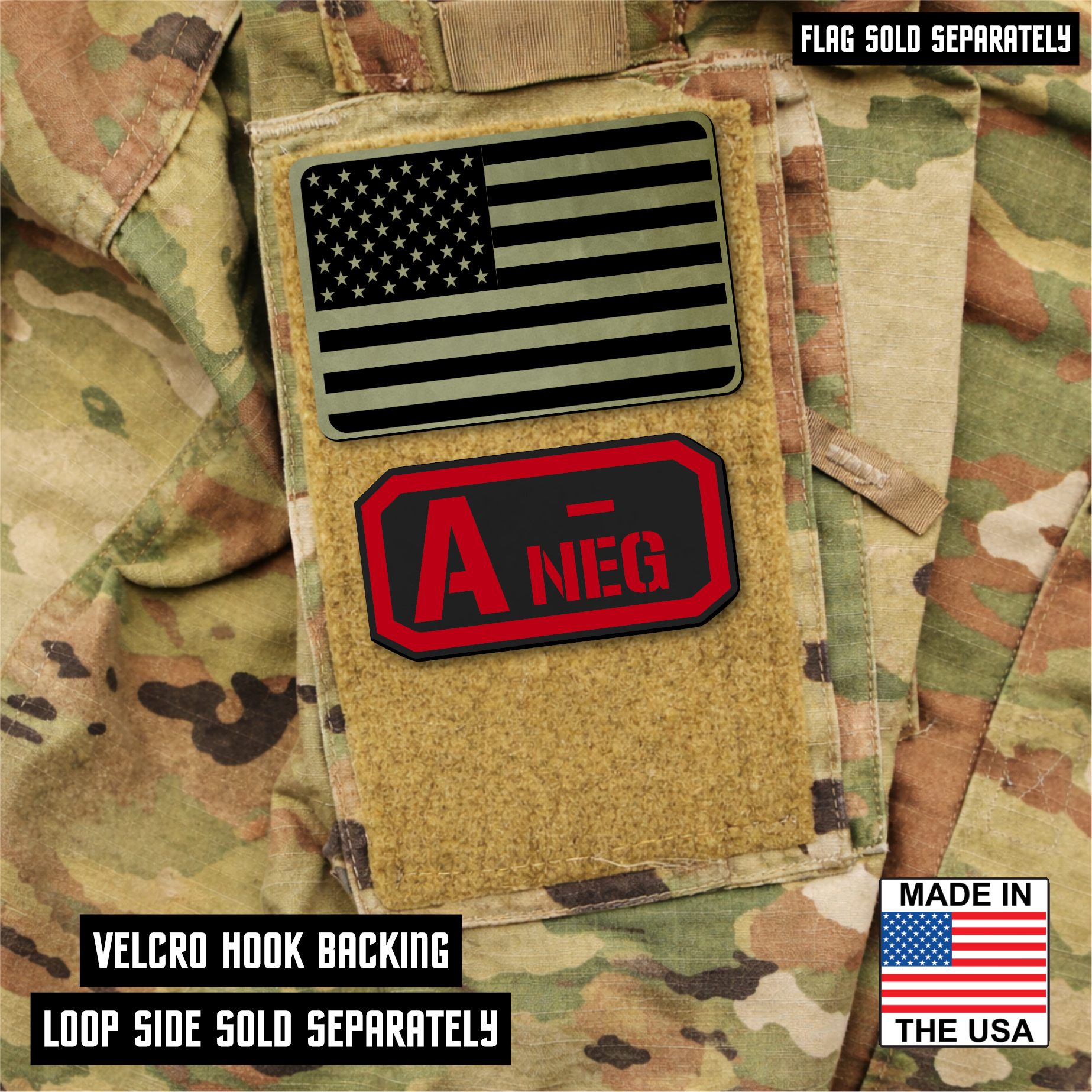 A Negative Blood Type Patch – Engraved Synthetic Material 1.25" x 2.5" Hook & Loop | 24 Color Options