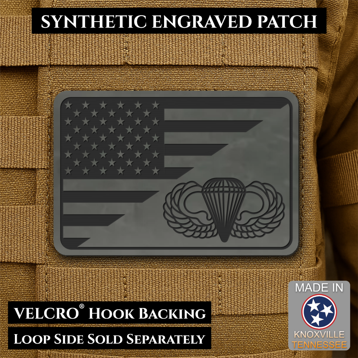 Army Airborne American Flag Morale Patch, 2x3" | Made in USA | VELCRO® Brand Hook Backing