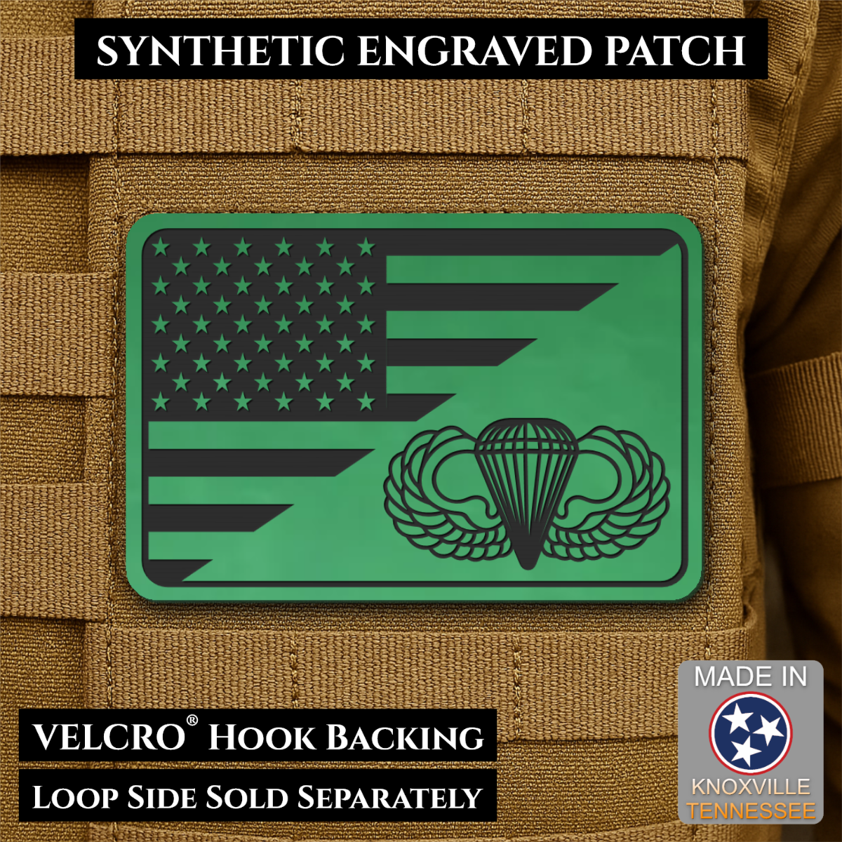 Army Airborne American Flag Morale Patch, 2x3" | Made in USA | VELCRO® Brand Hook Backing