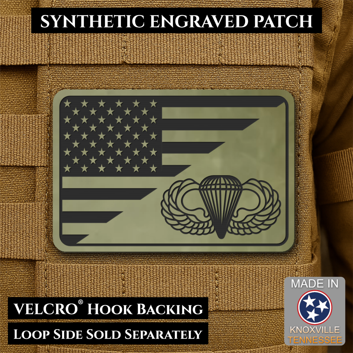 Army Airborne American Flag Morale Patch, 2x3" | Made in USA | VELCRO® Brand Hook Backing