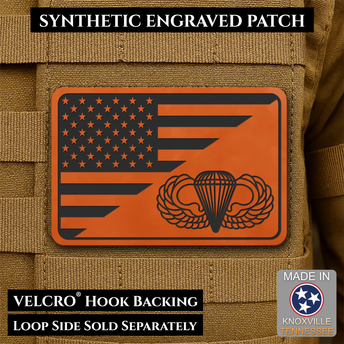 Army Airborne American Flag Morale Patch, 2x3" | Made in USA | VELCRO® Brand Hook Backing