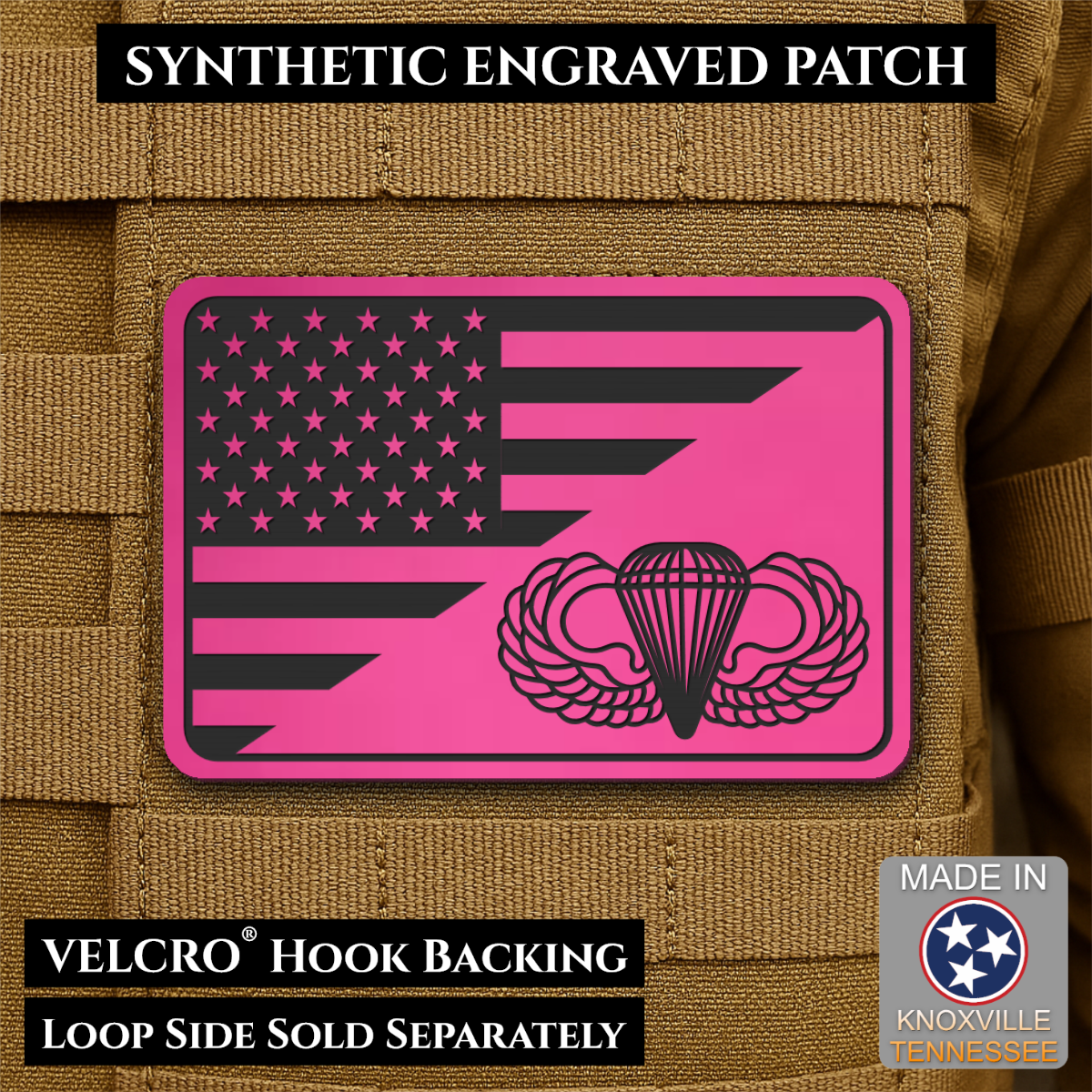 Army Airborne American Flag Morale Patch, 2x3" | Made in USA | VELCRO® Brand Hook Backing