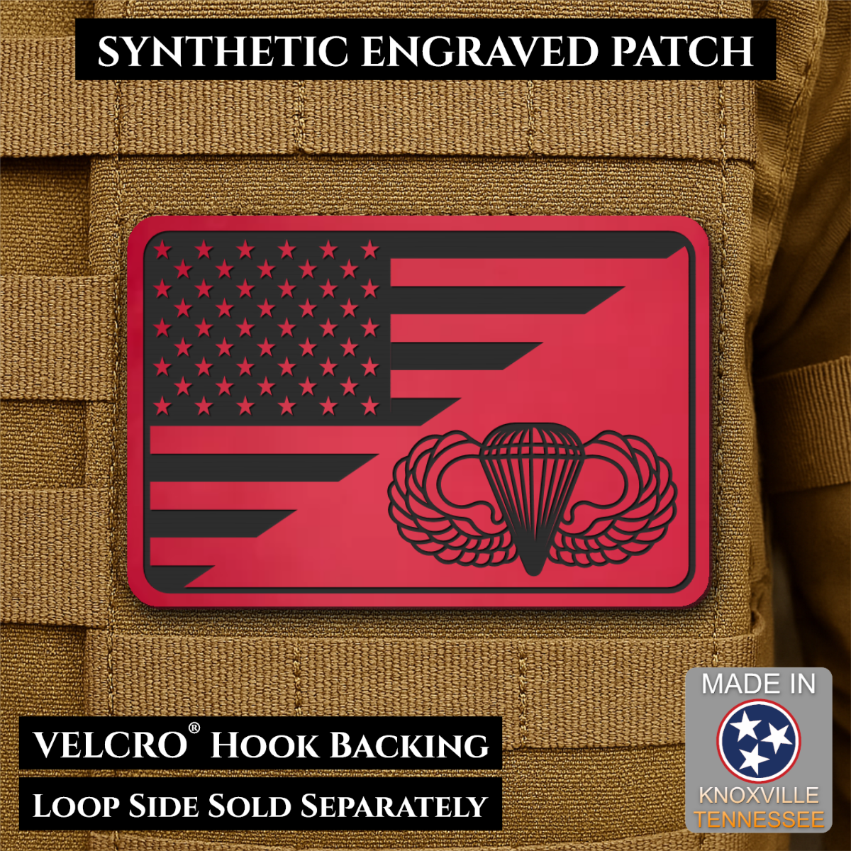 Army Airborne American Flag Morale Patch, 2x3" | Made in USA | VELCRO® Brand Hook Backing