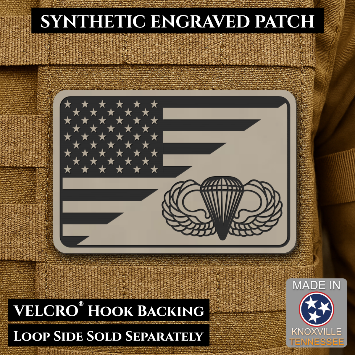 Army Airborne American Flag Morale Patch, 2x3" | Made in USA | VELCRO® Brand Hook Backing