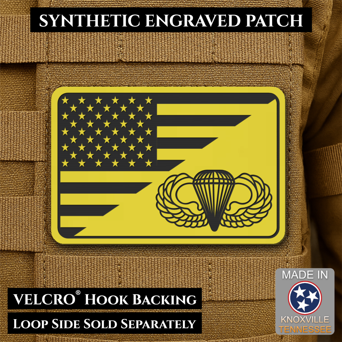 Army Airborne American Flag Morale Patch, 2x3" | Made in USA | VELCRO® Brand Hook Backing