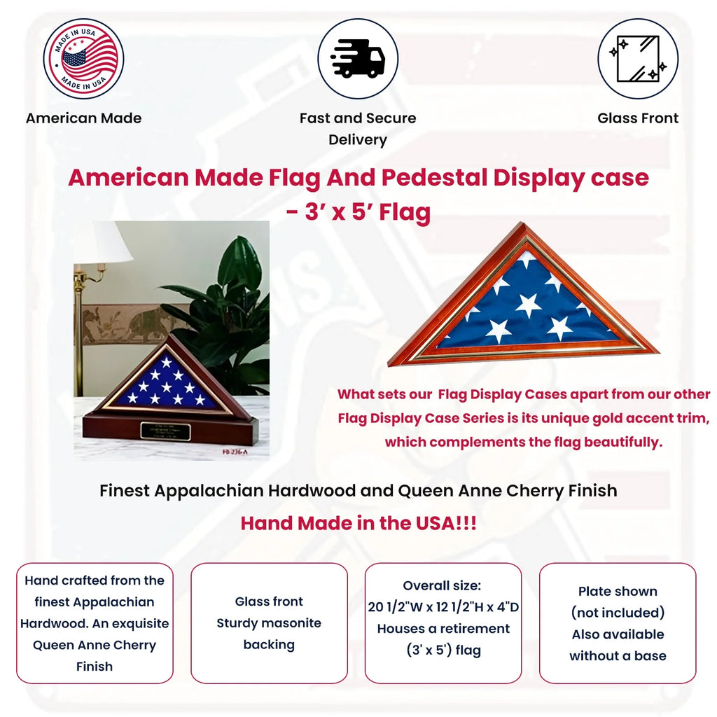 American Made Flag And Pedestal Display case - Cherry finish