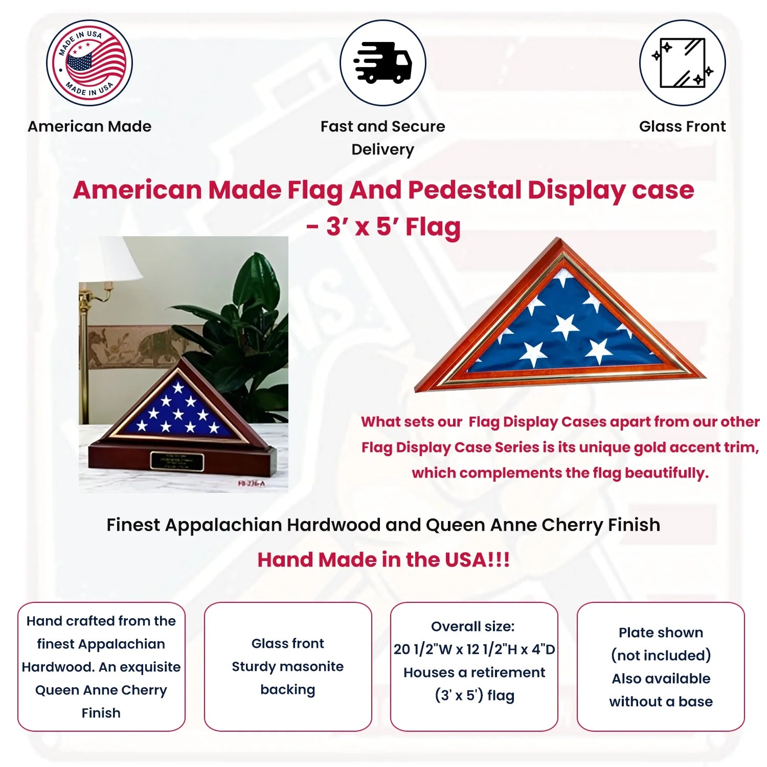 American Made Flag And Pedestal Display case - Cherry finish