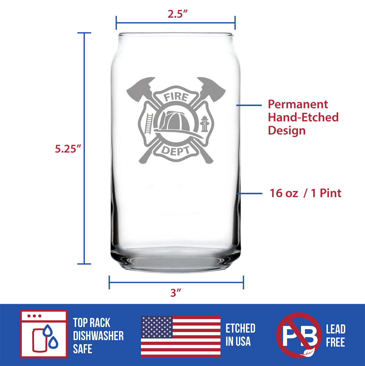 Firefighter Symbol Engraved Beer Can Pint Glass, Unique Gifts for Firefighters, Firemen & Firewomen