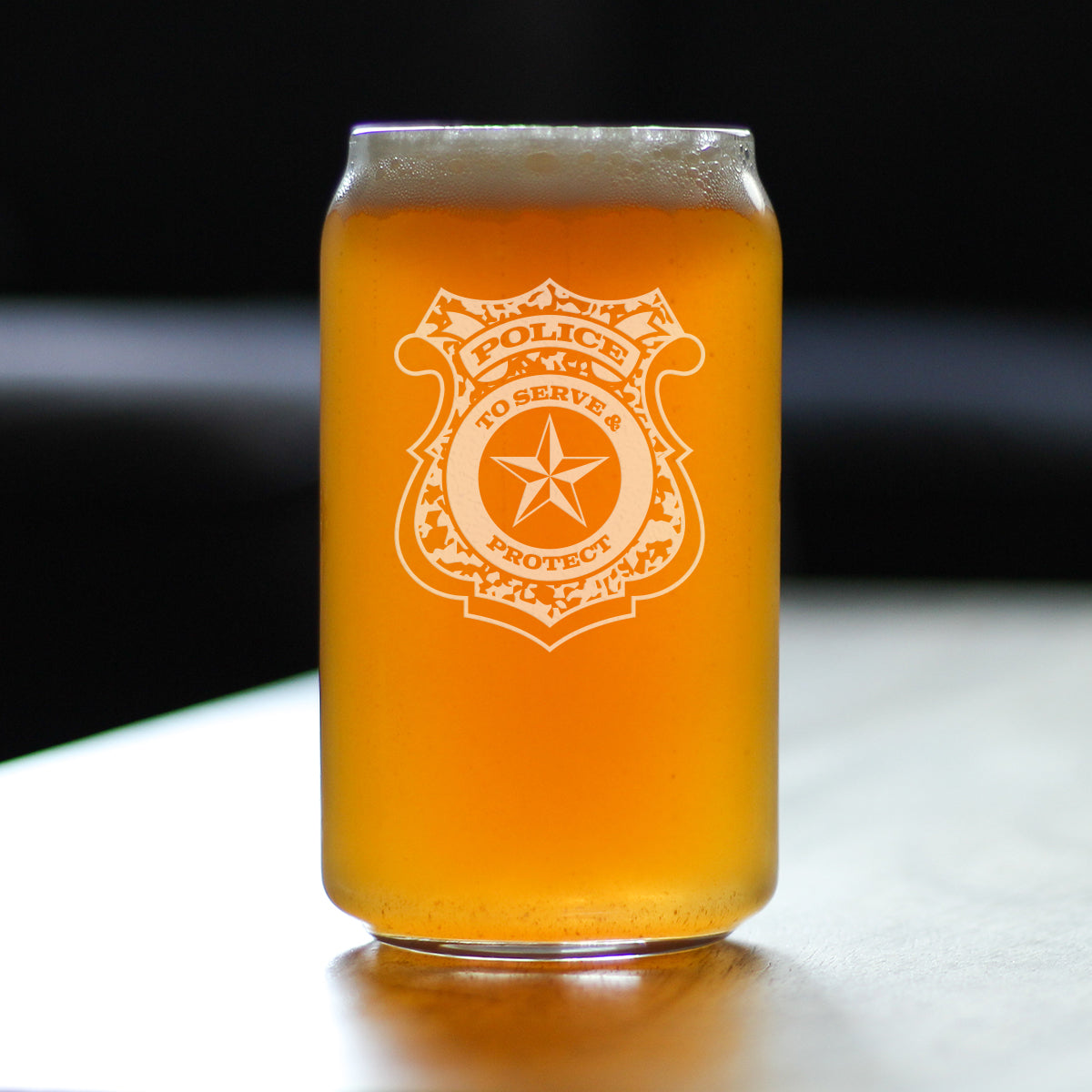 Police Badge Engraved Beer Can Pint Glass, Unique Gifts for Police Officers, Law Enforcement Gift