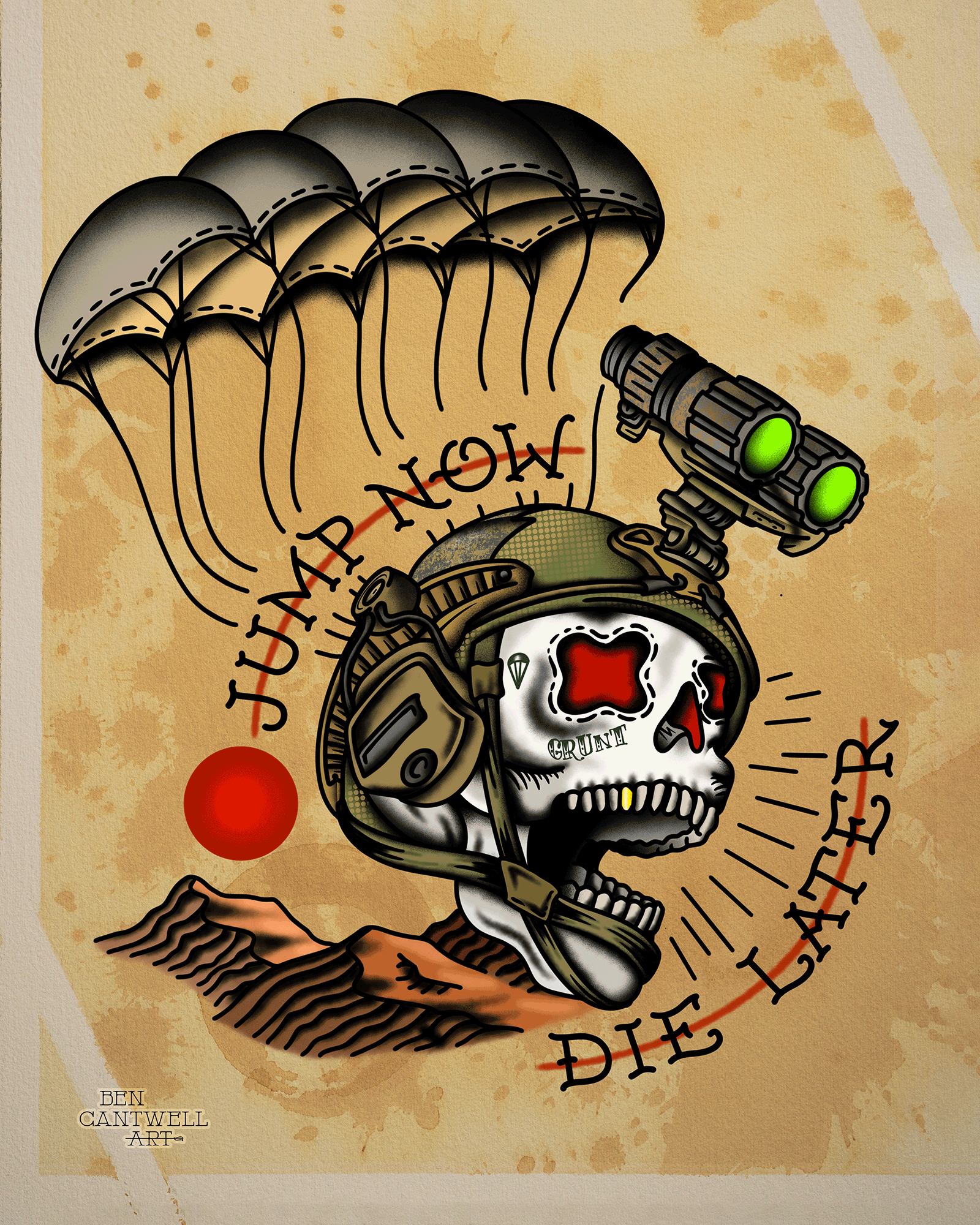 Jump Now Die Later Parachute Skull
