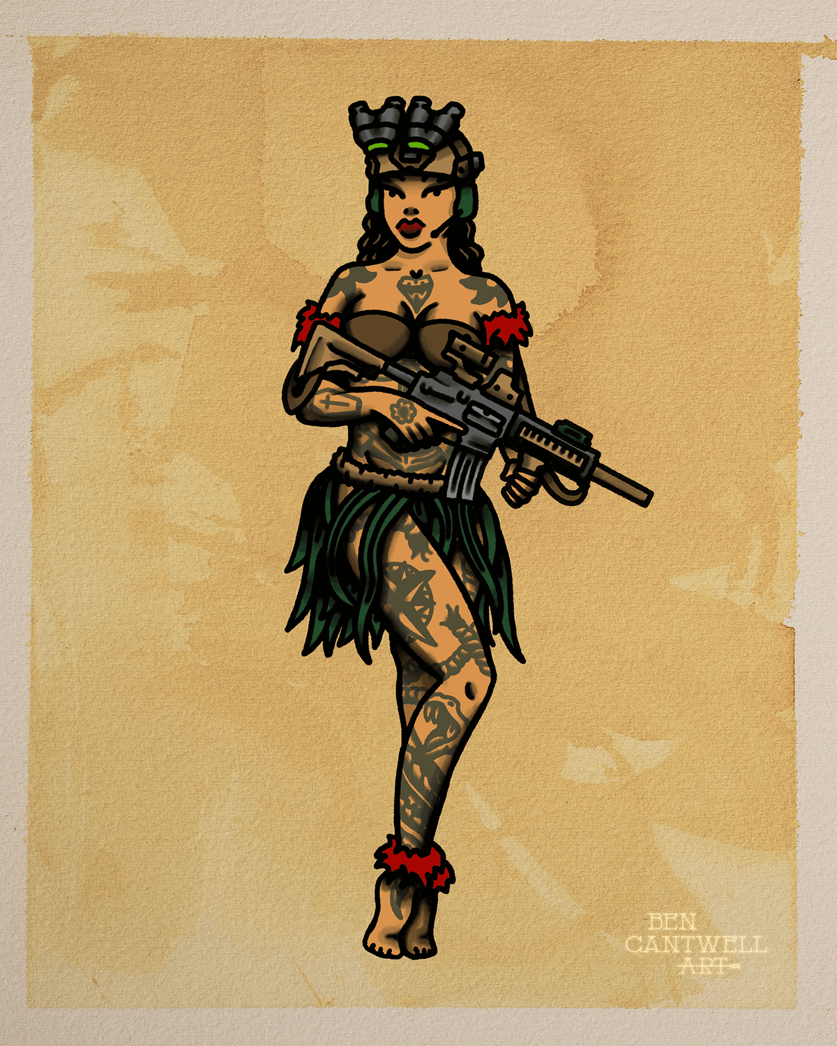 Hawaiian PIN Up With Rifle and NVGs