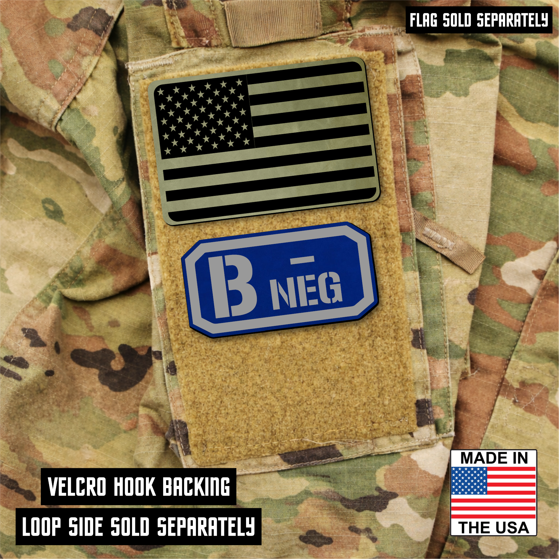 B Negative Blood Type Patch – Engraved Synthetic Material 1.25" x 2.5" Hook & Loop | 24 Color Options