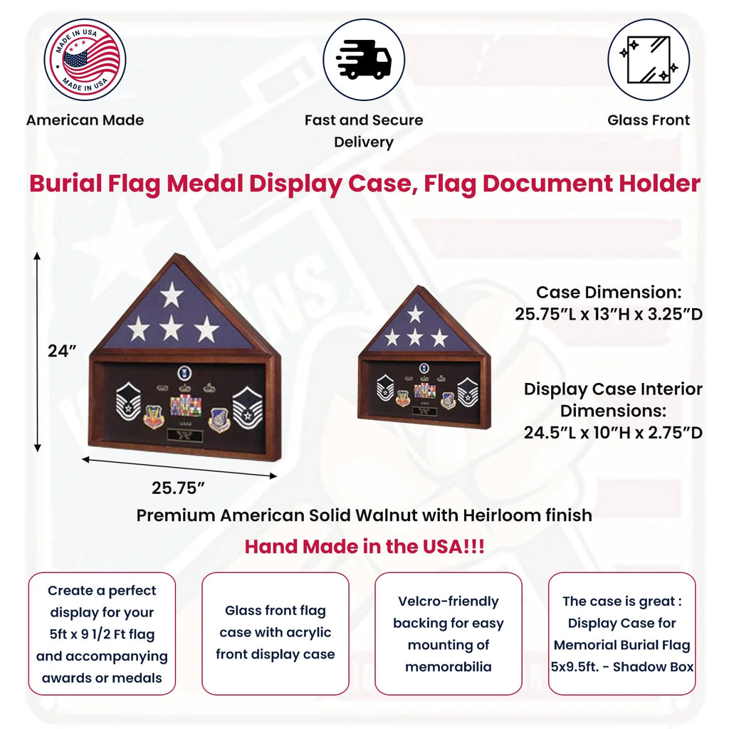 Burial Flag Medal Display case, Ceremonial Flag display - Fit 5' x 9.5' Casket Flag.