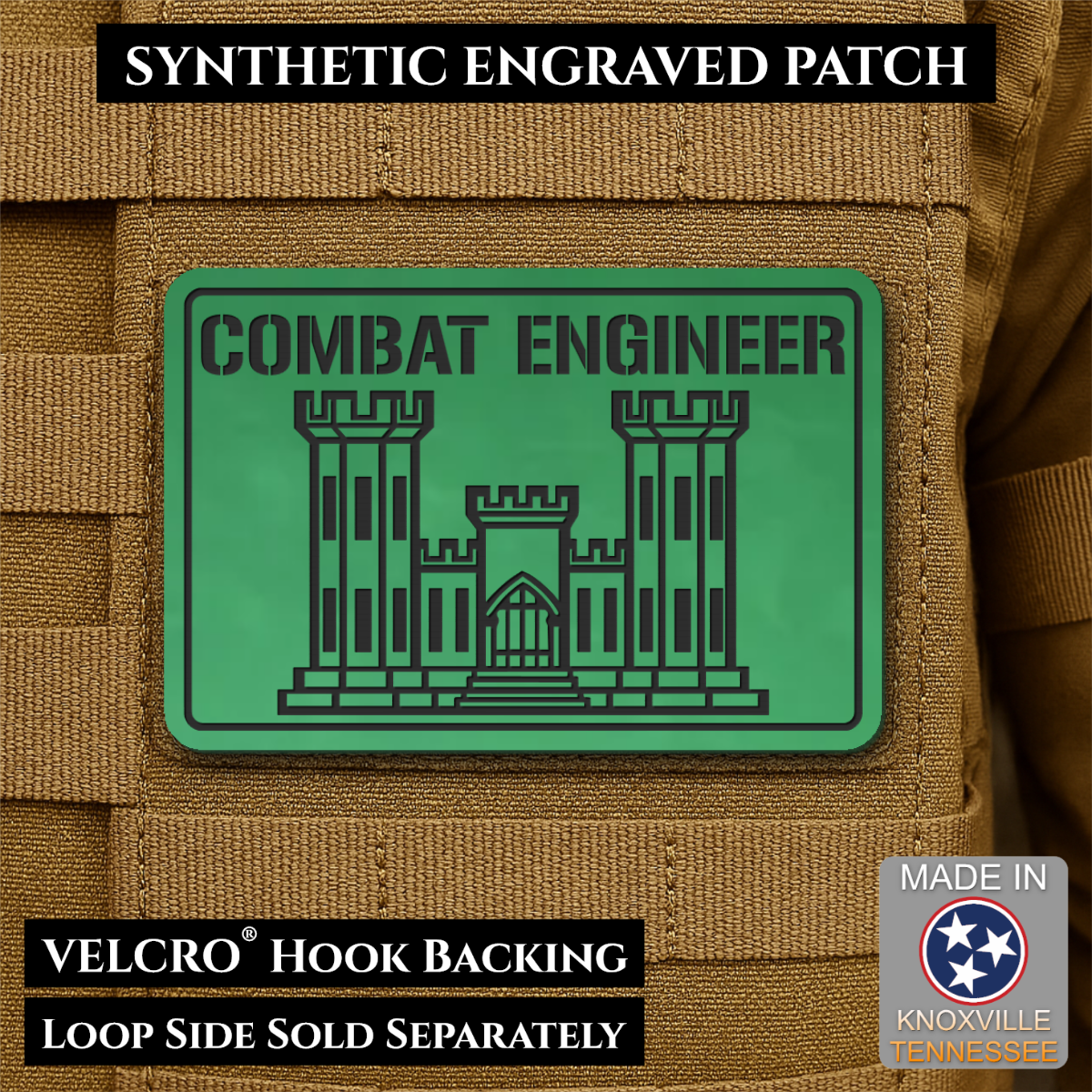 Combat Engineer Army Veteran Morale Patch, 2x3" | Made in USA | VELCRO® Brand Hook Backing