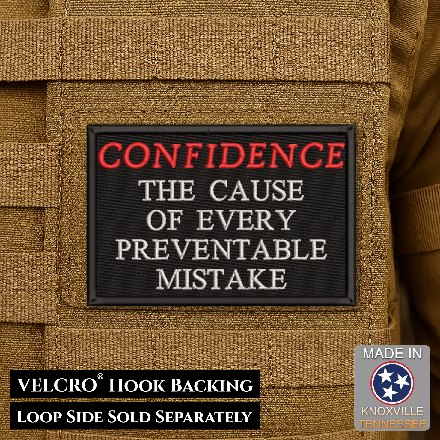 Confidence Causes Mistakes Funny Morale Patch, 2x3" | Made in USA | VELCRO® Brand Hook Backing