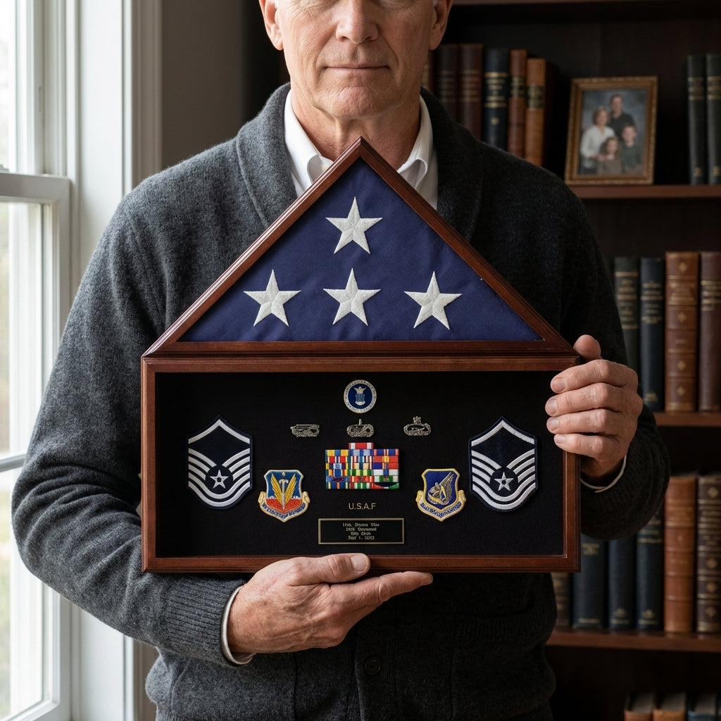 Burial Flag Medal Display case, Ceremonial Flag display - Material Walnut.