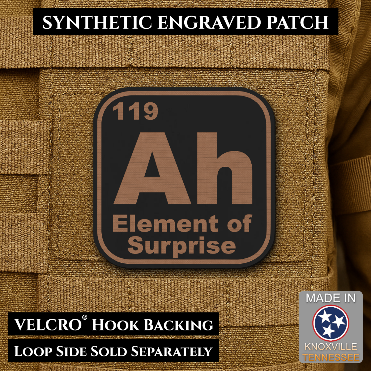 Ah, The Element of Surprise Funny Morale Patch, 2.5" | Made in USA | VELCRO® Brand Hook Backing