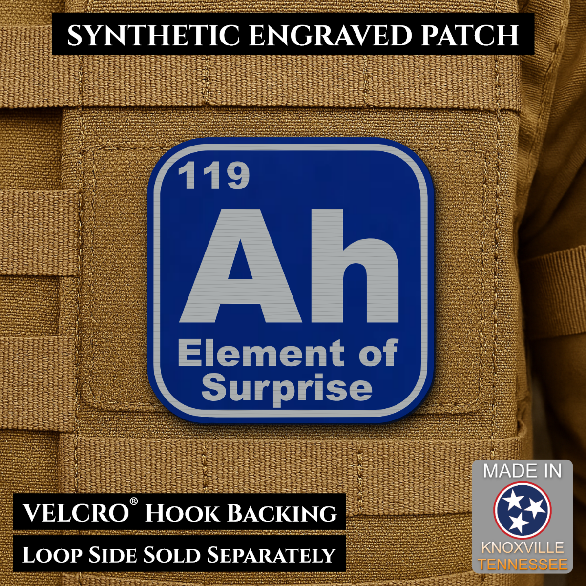 Ah, The Element of Surprise Funny Morale Patch, 2.5" | Made in USA | VELCRO® Brand Hook Backing