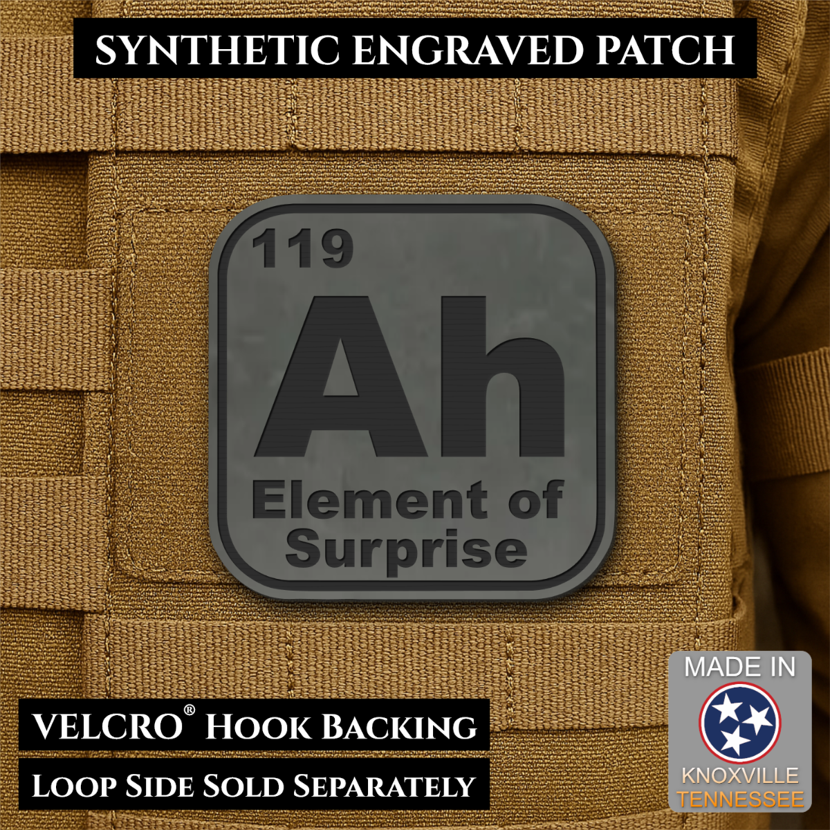 Ah, The Element of Surprise Funny Morale Patch, 2.5" | Made in USA | VELCRO® Brand Hook Backing