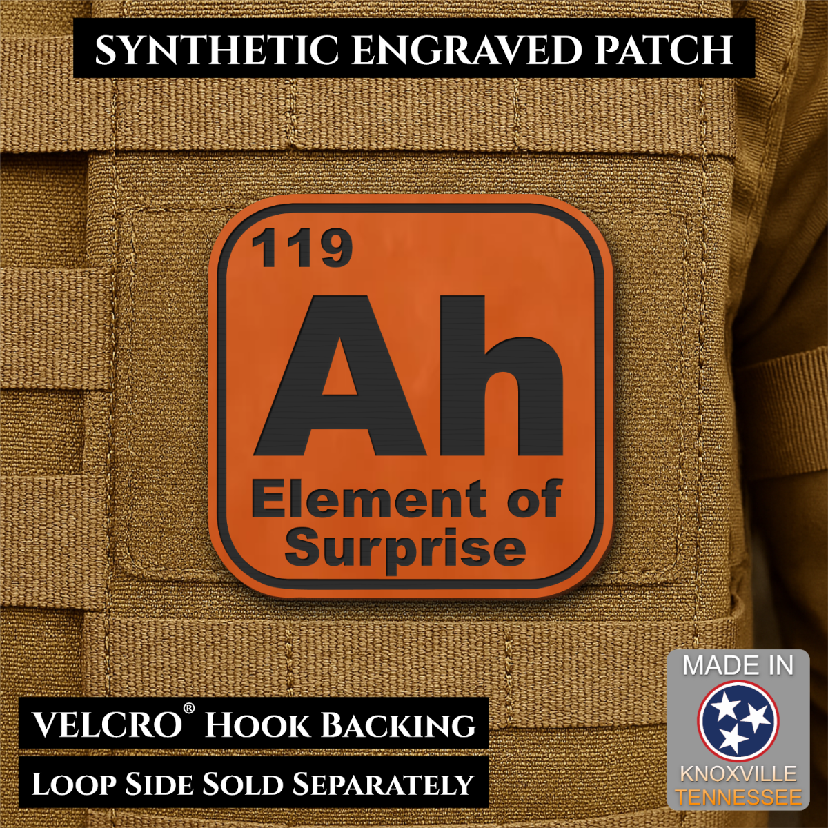 Ah, The Element of Surprise Funny Morale Patch, 2.5" | Made in USA | VELCRO® Brand Hook Backing