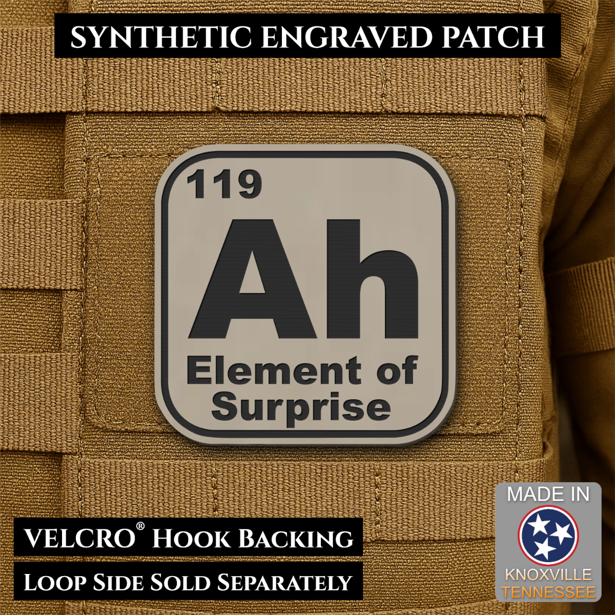 Ah, The Element of Surprise Funny Morale Patch, 2.5" | Made in USA | VELCRO® Brand Hook Backing