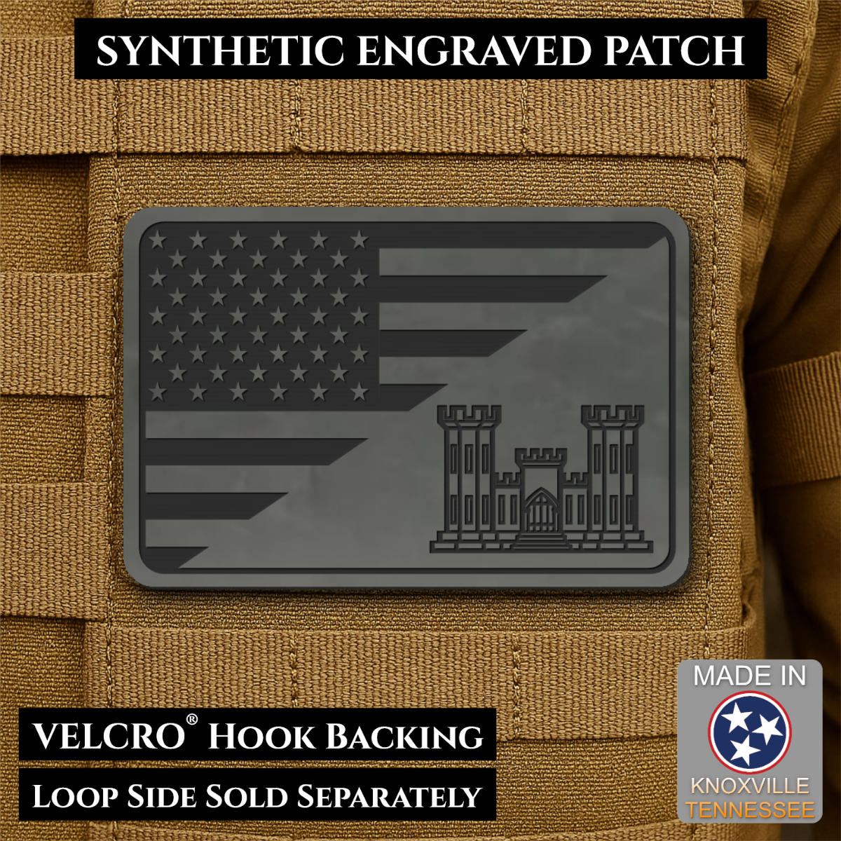 Army Combat Engineer American Flag Morale Patch, 2x3" | Made in USA | VELCRO® Brand Hook Backing