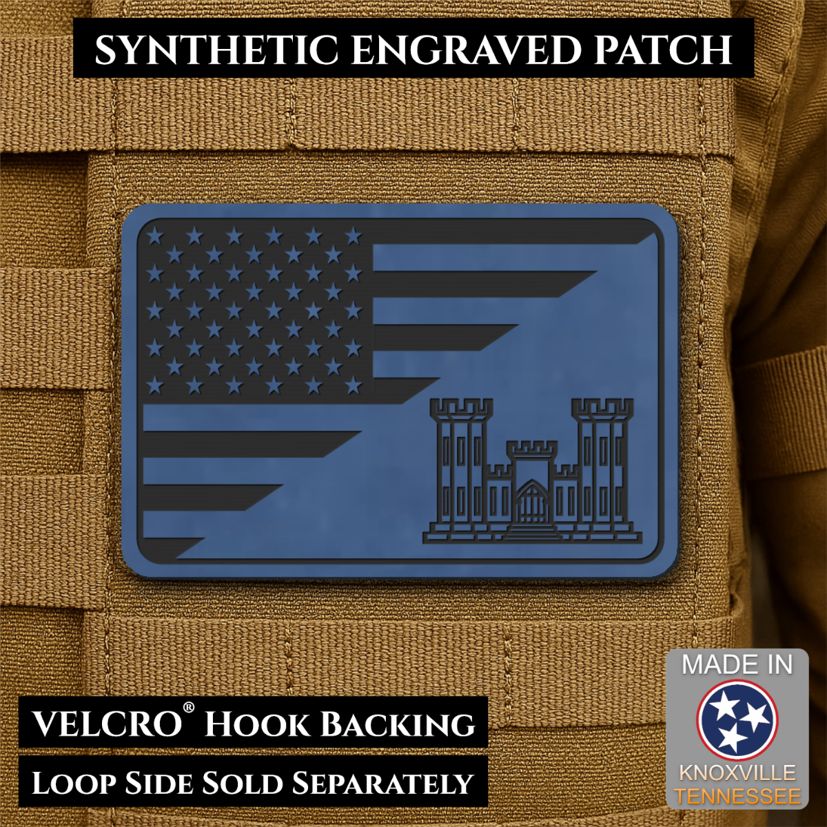Army Combat Engineer American Flag Morale Patch, 2x3" | Made in USA | VELCRO® Brand Hook Backing