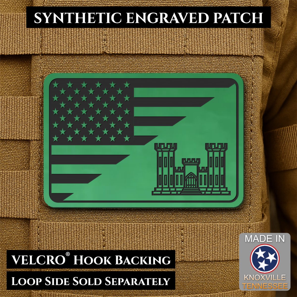 Army Combat Engineer American Flag Morale Patch, 2x3" | Made in USA | VELCRO® Brand Hook Backing