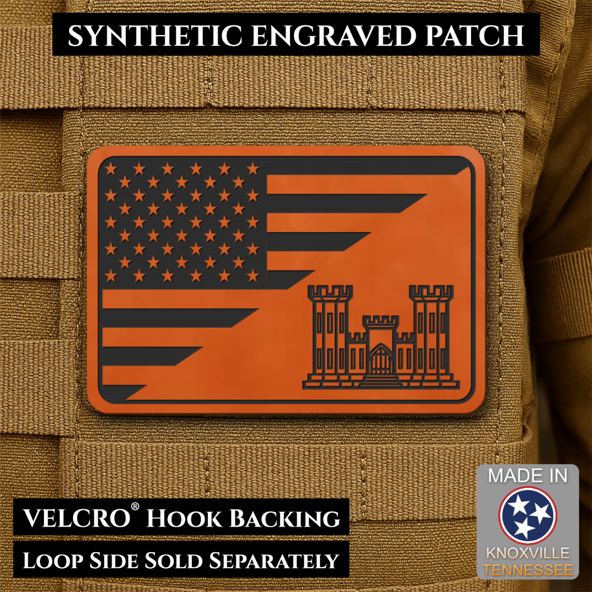 Army Combat Engineer American Flag Morale Patch, 2x3" | Made in USA | VELCRO® Brand Hook Backing