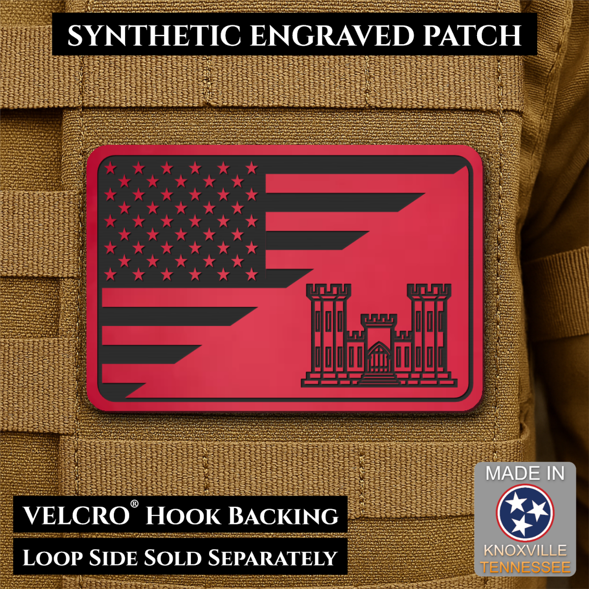 Army Combat Engineer American Flag Morale Patch, 2x3" | Made in USA | VELCRO® Brand Hook Backing