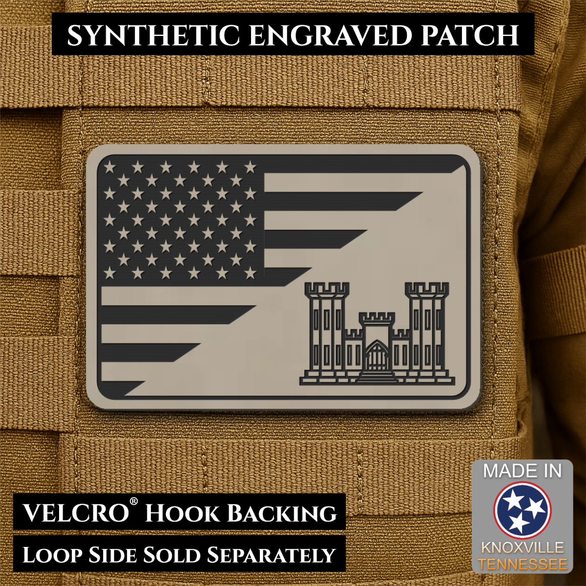 Army Combat Engineer American Flag Morale Patch, 2x3" | Made in USA | VELCRO® Brand Hook Backing