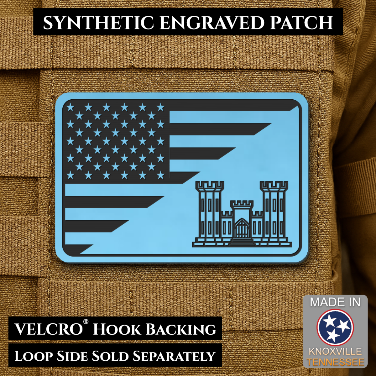 Army Combat Engineer American Flag Morale Patch, 2x3" | Made in USA | VELCRO® Brand Hook Backing